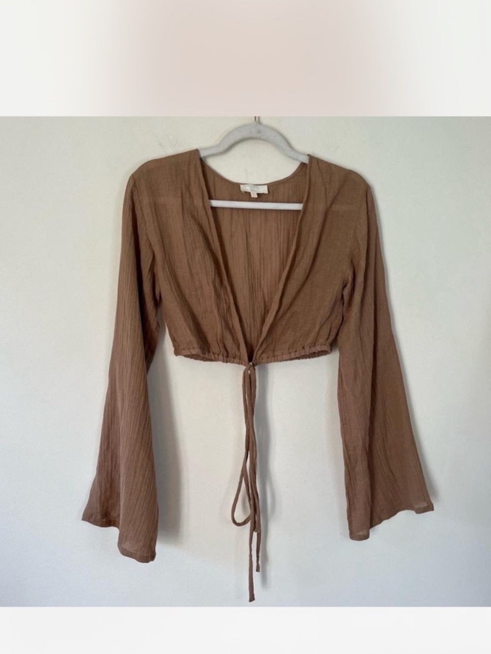Monday Swimwear Brown Tie-Front Bell Sleeve Coverup 100% Linen